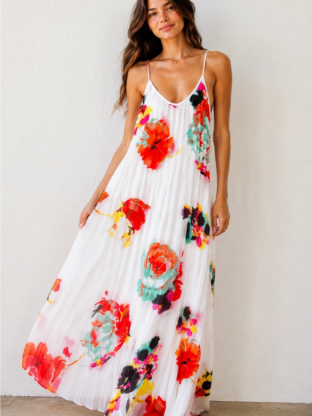 Floral Maxi Dress with Red, Teal, Yellow & Pink Flower Print